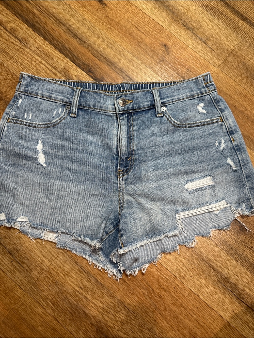 aerie Light Blue Distressed High-Rise Denim Shorts